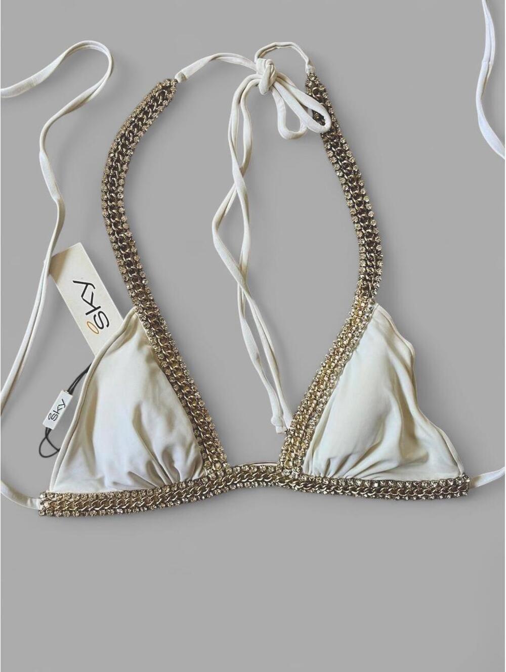 White Rhinestone Chain Triangle Bikini Top Medium NWT